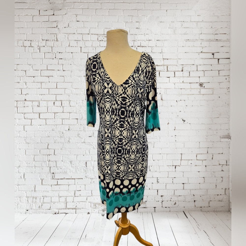 Black and Teal Patterned Midi Dress Long Sleeve Geometric